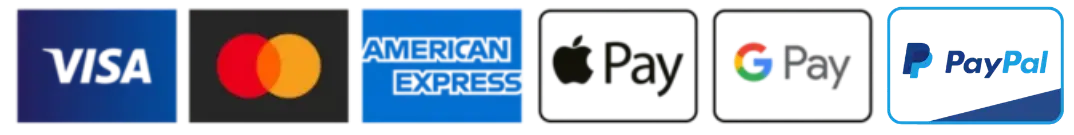 Visa, Mastercard, American Express, Apple Pay, Google Pay and PayPal